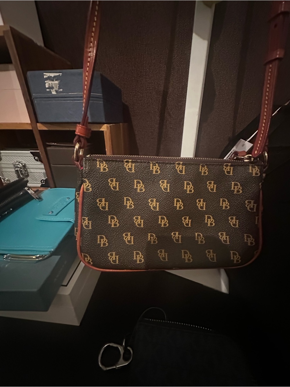 Dooney & Bourke Brown Monogram Crossbody with Tan Trim
